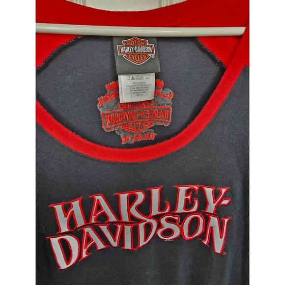 Harley Davidson 3/4 Sleeve Red and Black Scoop Neck Jersey Womens XL Tulsa Y2K - Picture 3 of 4